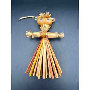 Vintage Folk Art Straw Scarecrow Doll Farmhouse Fall‎ Ornament Decor 6"